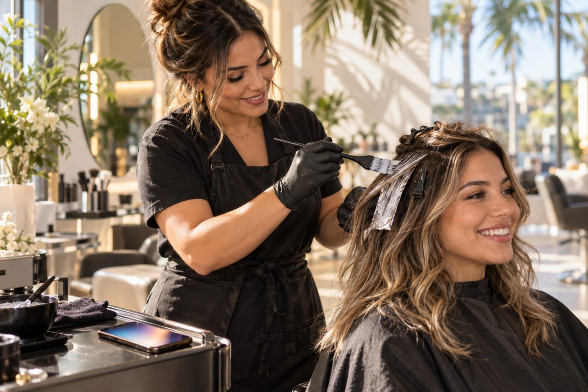 A hair stylist working on a client while her phone rings